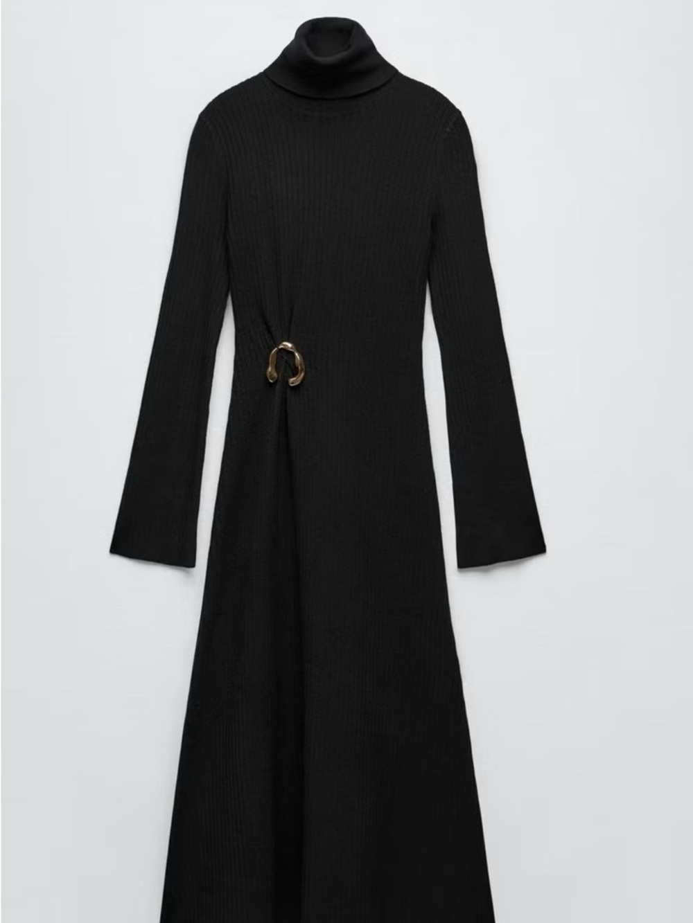 Zara Black Ribbed Turtleneck Maxi Dress with Gold Ring